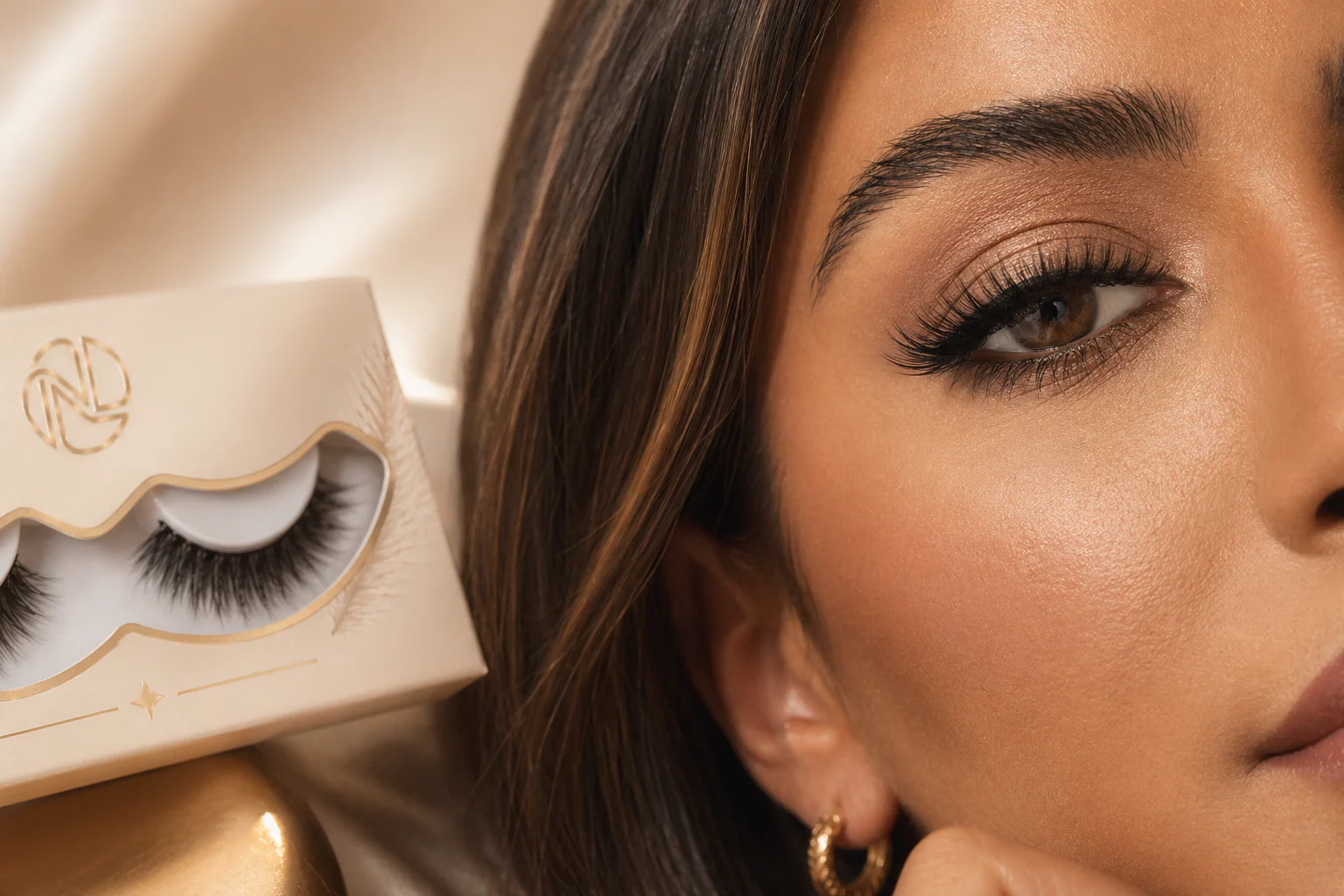 Editorial close-up of a model wearing Nilia Luxe lashes beside the lash packaging