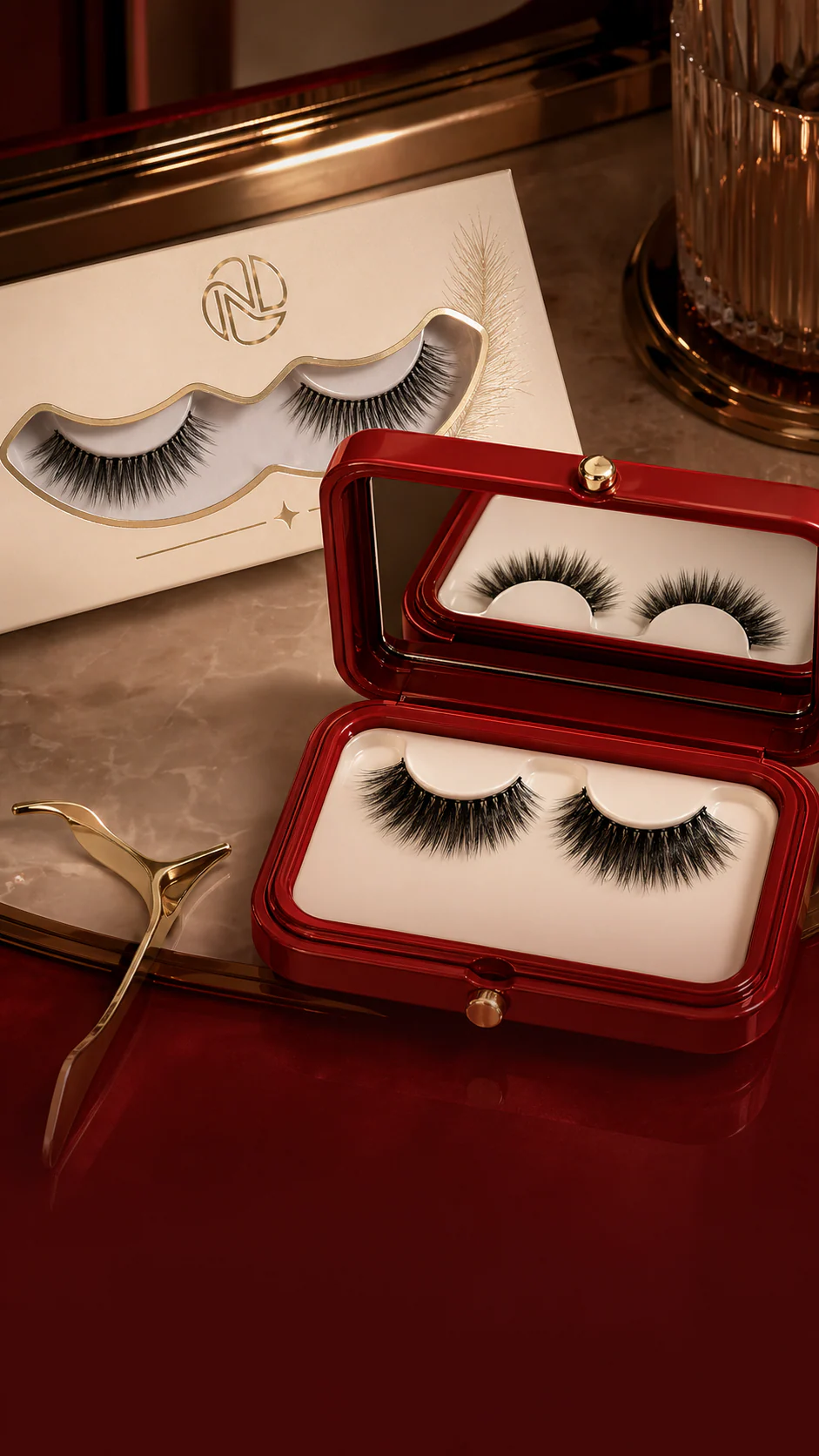 Red mirror lash case with Nilia Luxe lashes and gold applicator